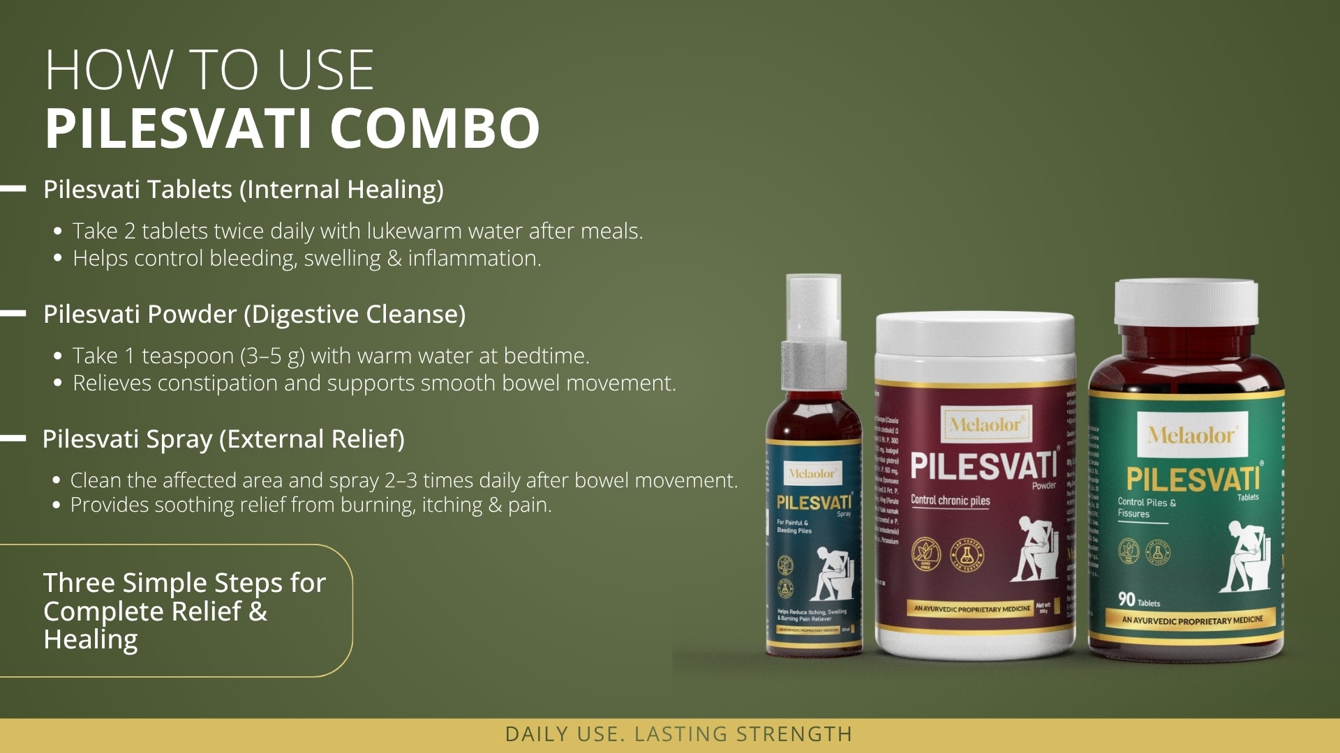 Pilesvati - Complete Ayurvedic Treatment for Piles, Fissures & Constipation - Combo Pack (Tablets, Powder & Spray)