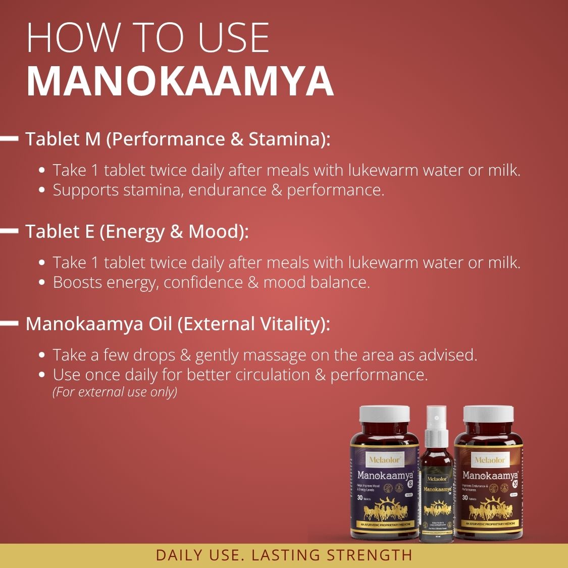 Manokaamya – Ayurvedic Combo for Male Vitality, Energy & Confidence - Triple Action Combo (Tablet M + Tablet E + Oil)