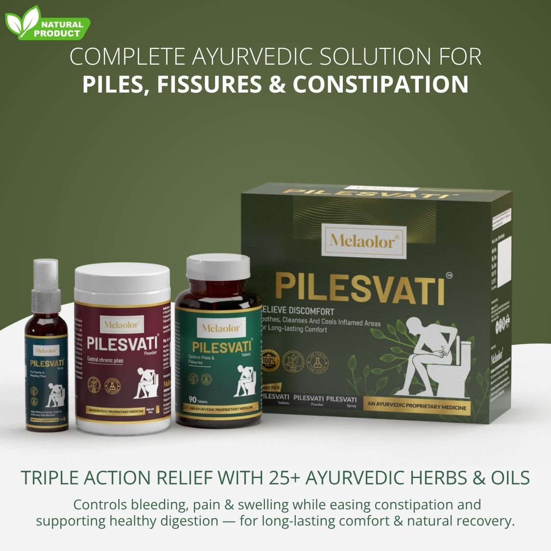 Pilesvati - Complete Ayurvedic Treatment for Piles, Fissures & Constipation - Combo Pack (Tablets, Powder & Spray)