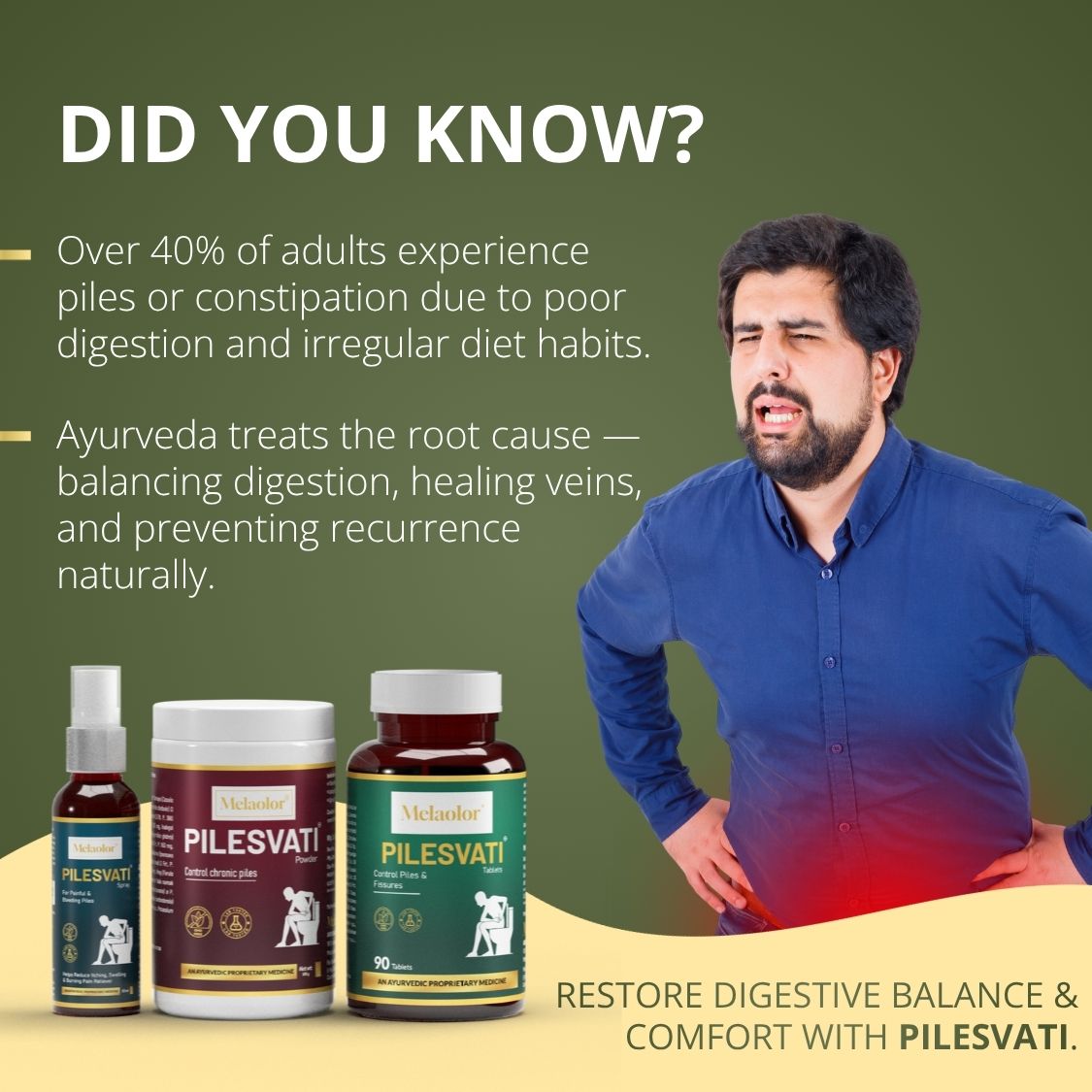 Pilesvati - Complete Ayurvedic Treatment for Piles, Fissures & Constipation - Combo Pack (Tablets, Powder & Spray)